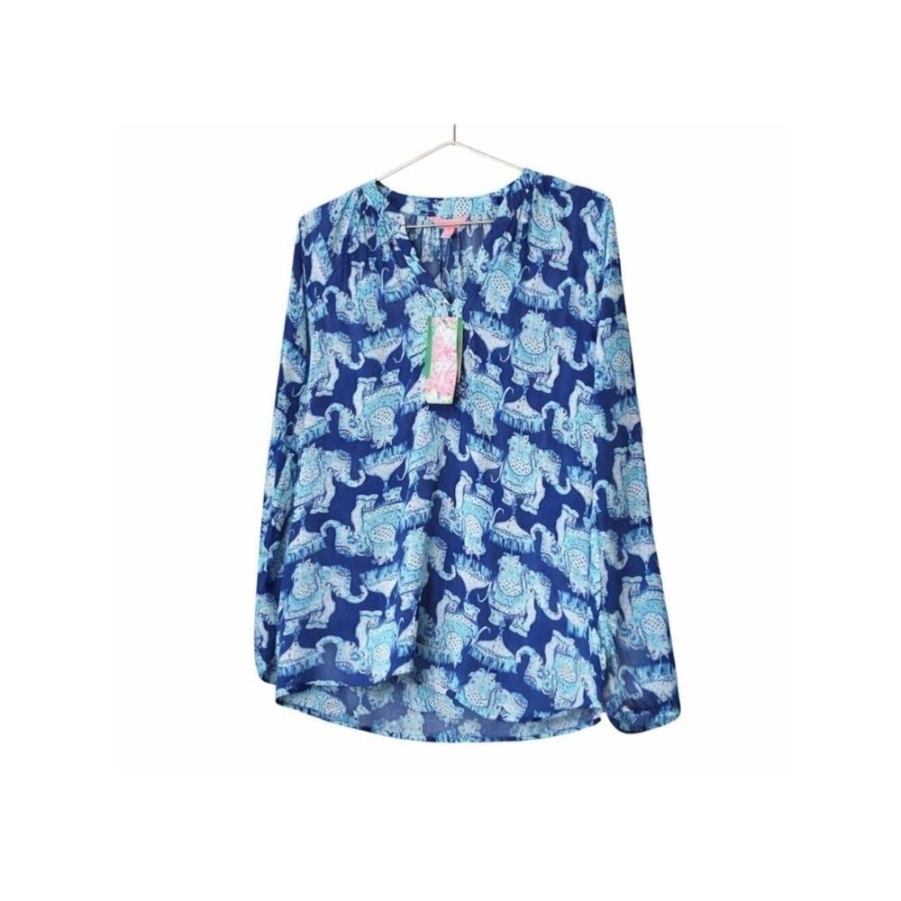 Lilly Pulitzer Martinique Top XXS Joy Ride Deep Indigo Elephant Print NWT